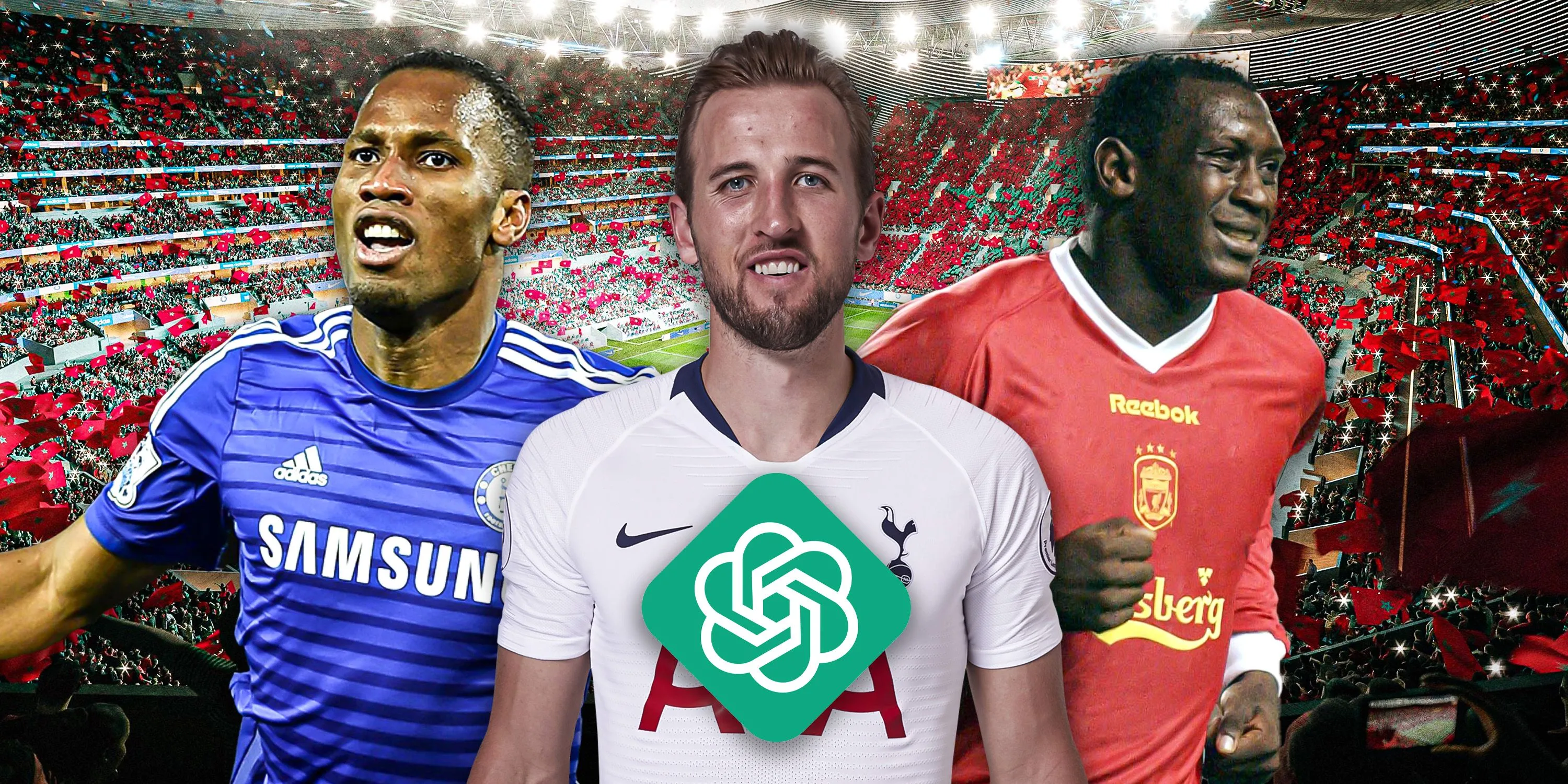 Các tiền đạo huyền thoại Premier League như Drogba, Kane và Heskey cùng biểu tượng AI, minh họa xếp hạng cầu thủ hàng đầu giải đấu.