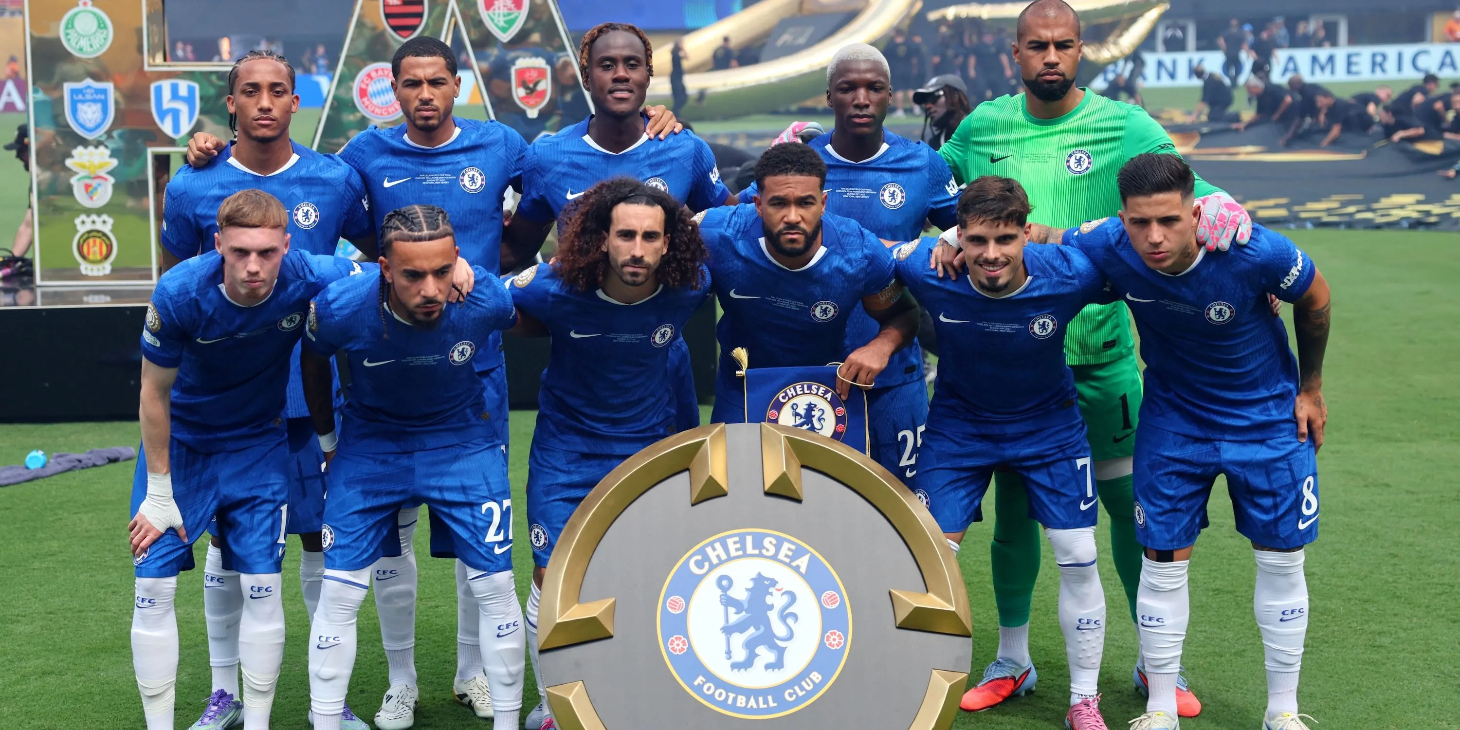 Chelsea players pose for a team group photo before the match